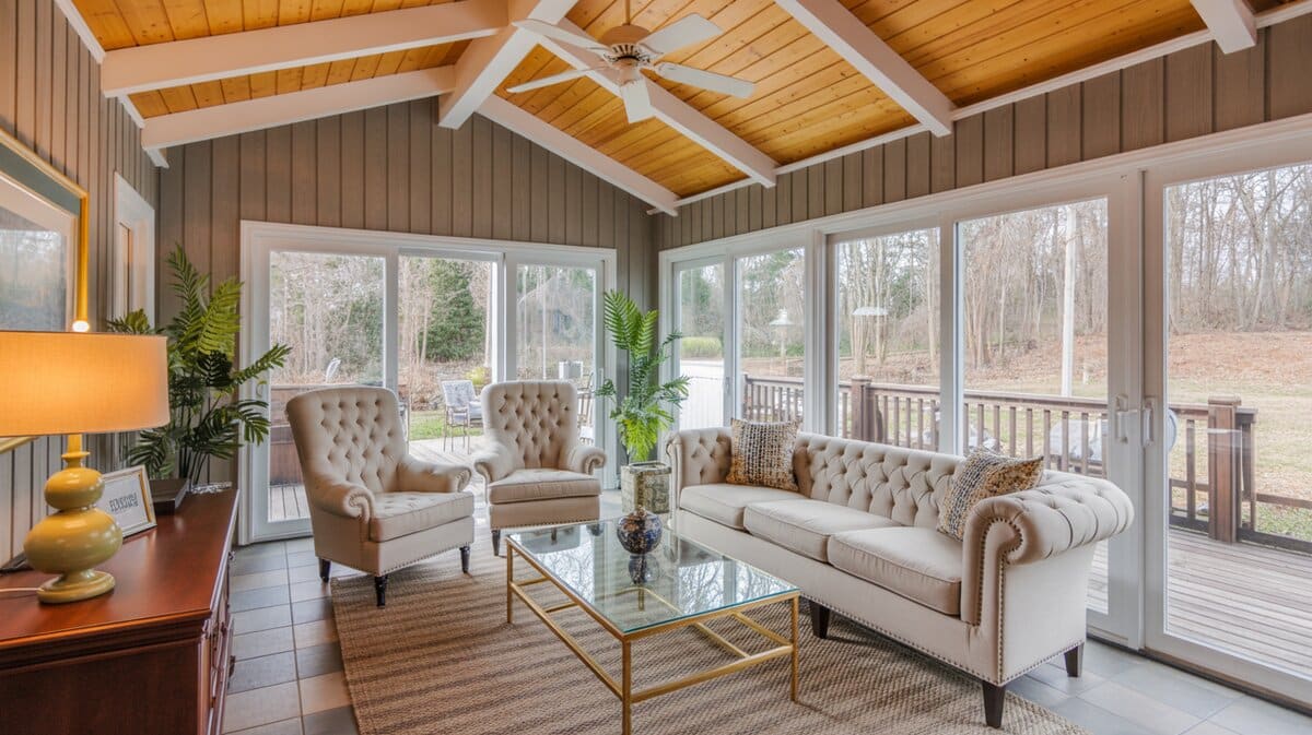 Sunroom with cream tufted sofa and armchairs beneath a warm wood cathedral ceiling and ceiling fan