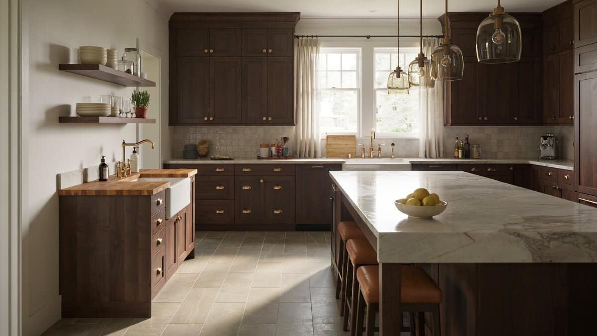 Traditional kitchen with dark walnut cabinets, two islands and wood-look porcelain floor