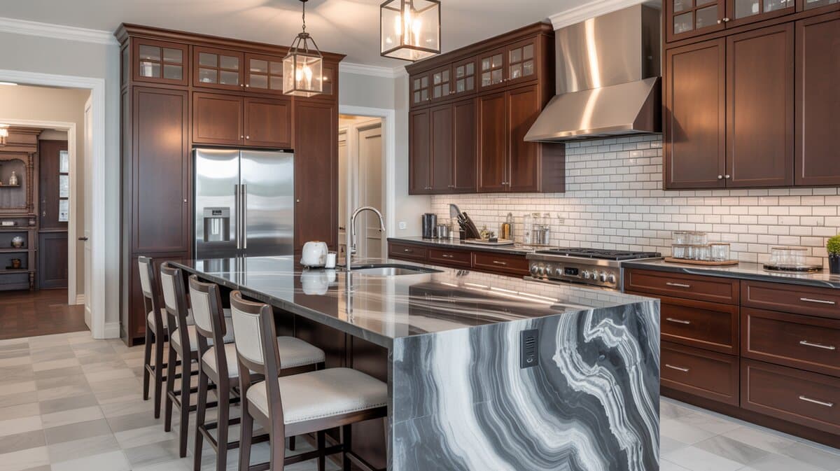 Transitional kitchen with rich brown shaker cabinets and bold swirling marble waterfall island