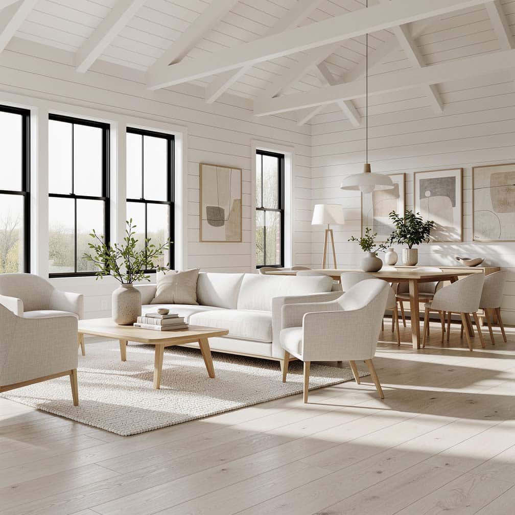 expansive floor plan in this transitional living room and dining room space keeps things light with its bleached wood