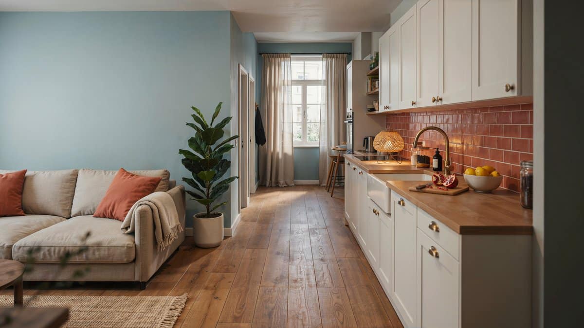 Blue living room opens to kitchen with warm terracotta backsplash showing complementary colors