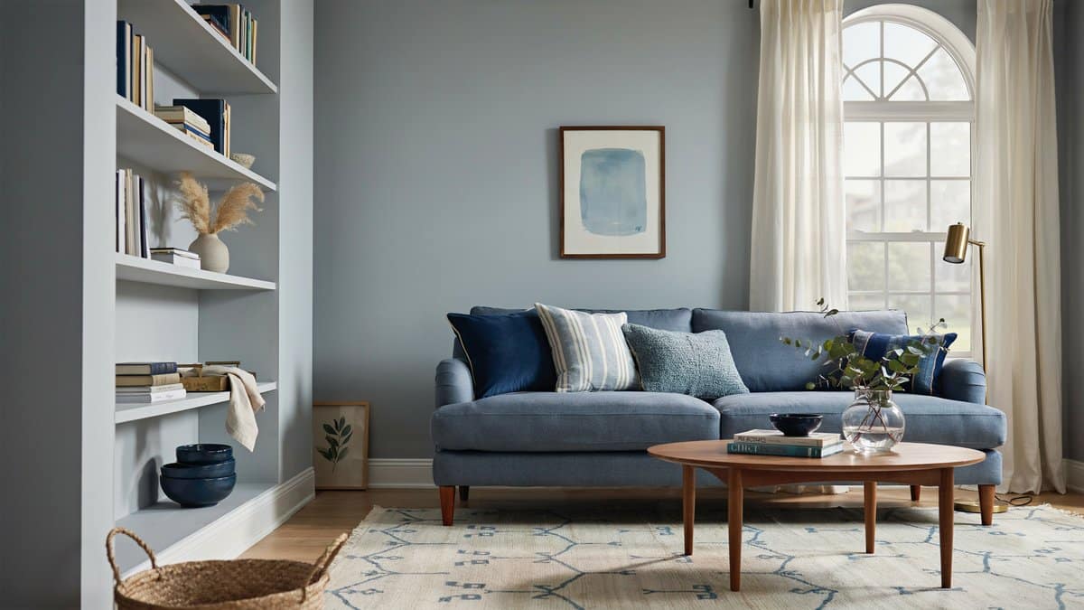 Transitional living room in layered blue tones with blue sofa and built in shelving