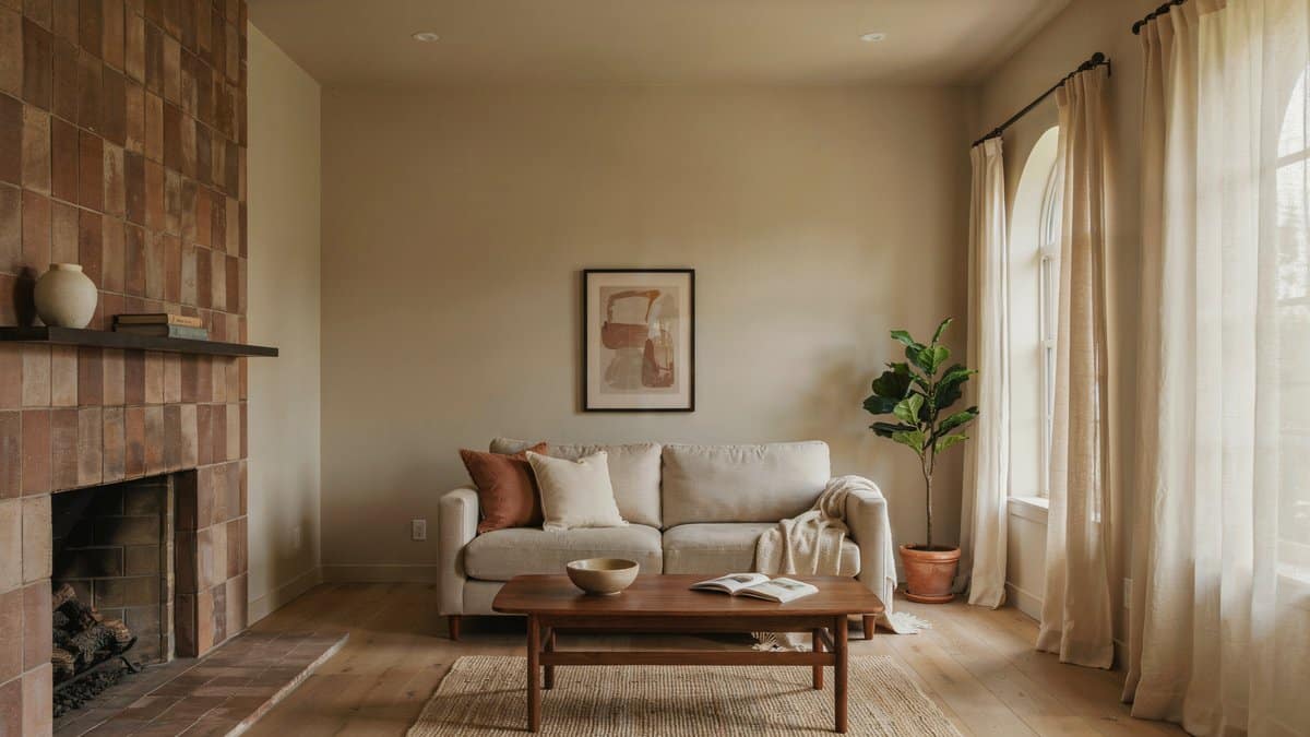 Earth tone living room with terracotta tile fireplace and warm beige painted walls