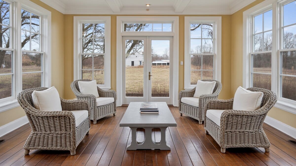 Four wicker armchairs with white cushions flanking a grey trestle coffee table