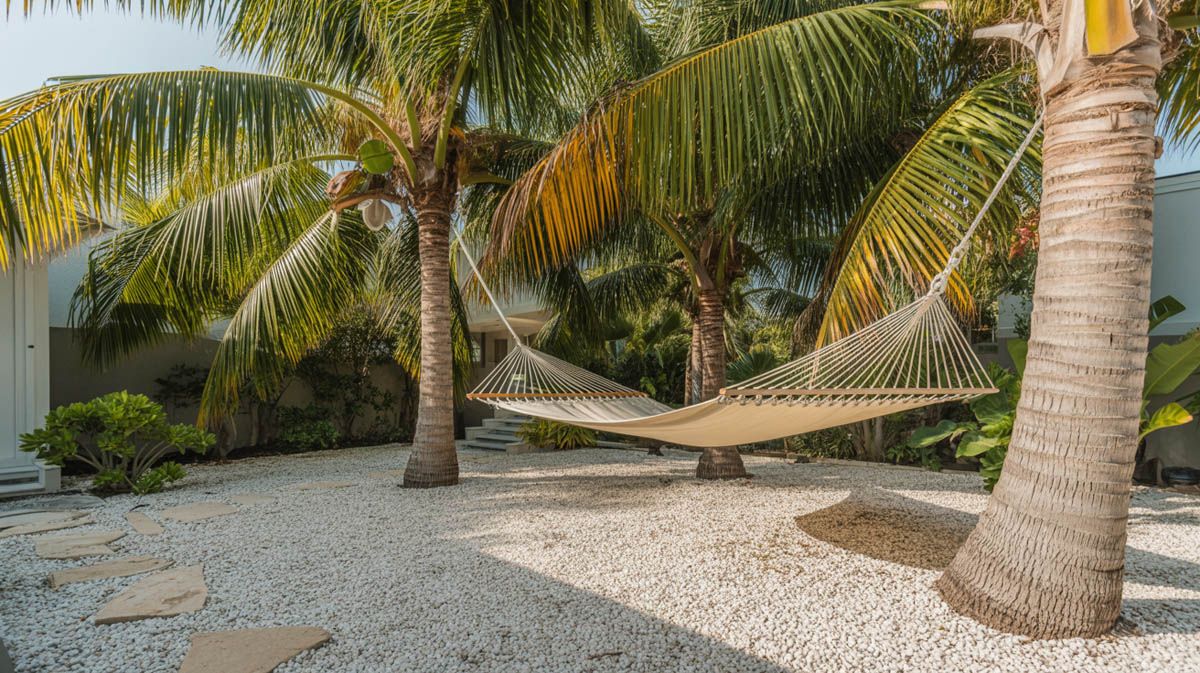 Tropical backyard with white pea gravel under palm trees and a canvas hammock