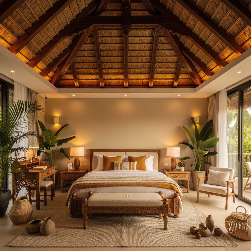 tropical bedroom, a tall exposed bamboo thatch, and a beam-designed statement roof add a lot of romance and drama to the