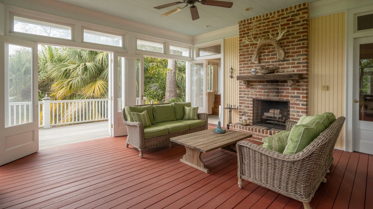 Screened porch with tall brick fireplace, wicker sofas, and antler mount above mantel