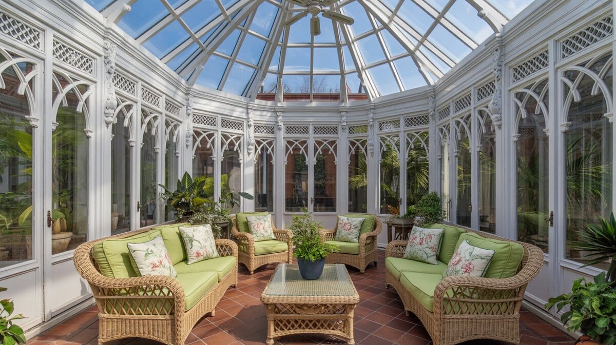 Ornate Victorian conservatory with a domed glass roof and wicker sofas with lime green cushions