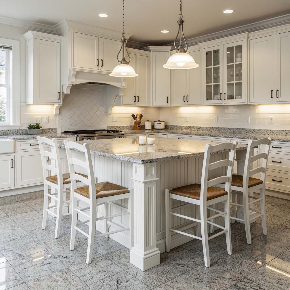 This kitchen with white cabinets and an island is clad in wooden panels, giving it a texture that
