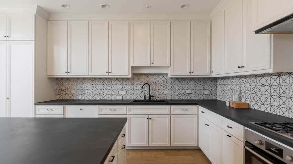 Bold kitchen with white cabinets, black countertops and graphic black-and-white backsplash