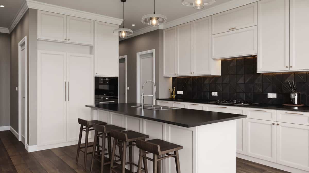 Kitchen with white cabinets, black quartz peninsula and dark tile backsplash
