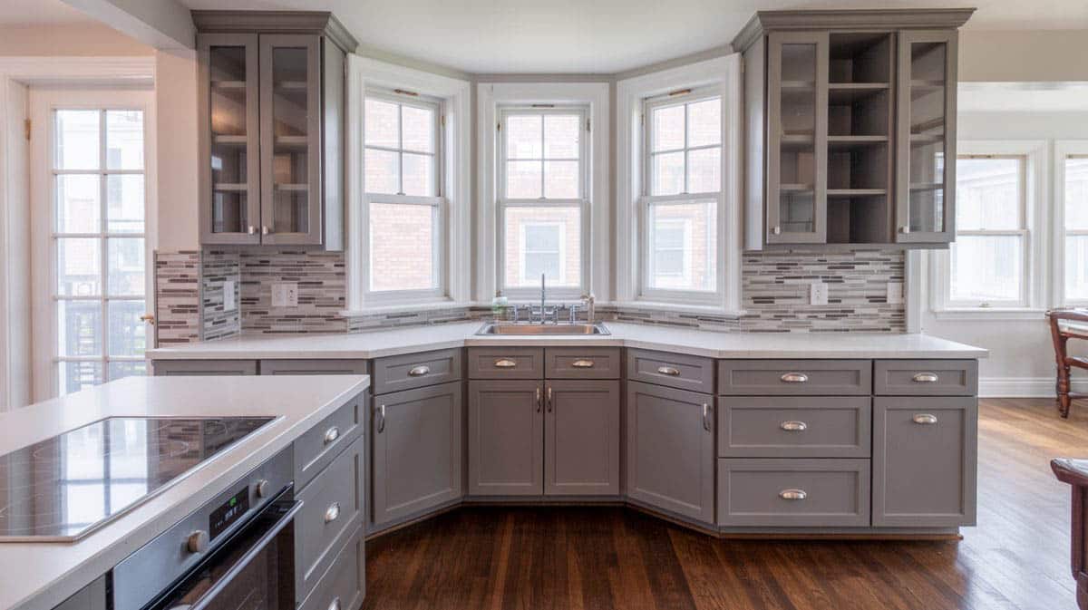 Gray shaker cabinets with open shelving, linear mosaic backsplash, and corner bay window above the kitchen sink
