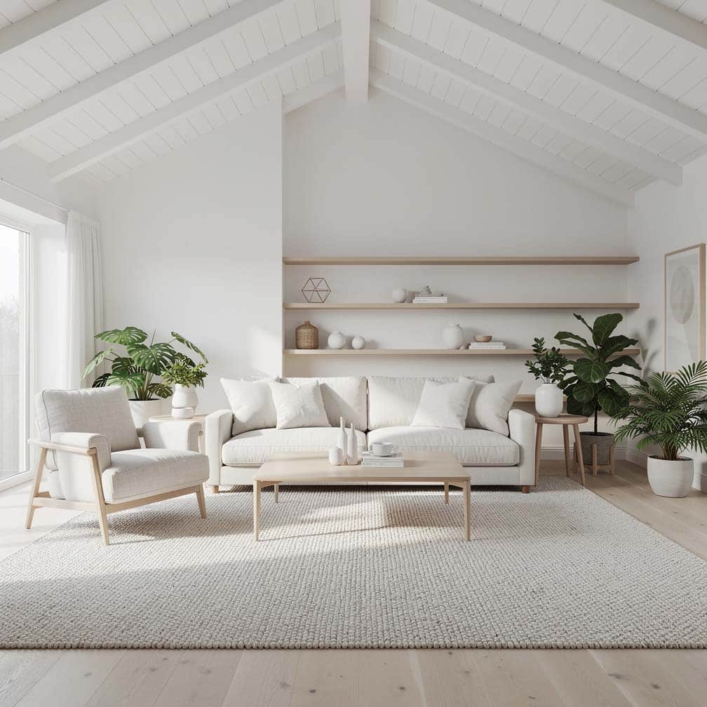 white living room with a clean and simple painted shiplap ceiling can help brighten a space and lift the mood.