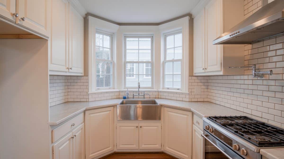 White kitchen with stainless farmhouse sink, subway tile backsplash, and angled corner bay window above the sink