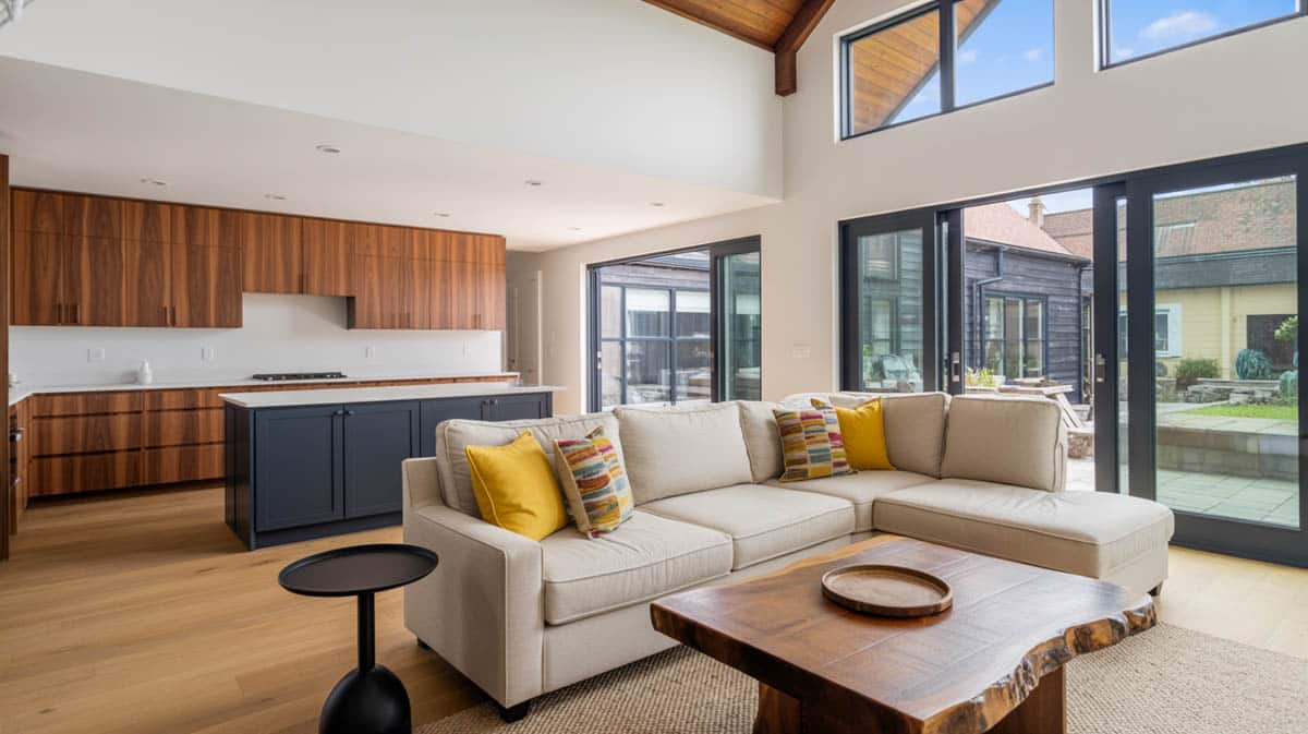 The corner of the redwood patio deck terminates cleanly with