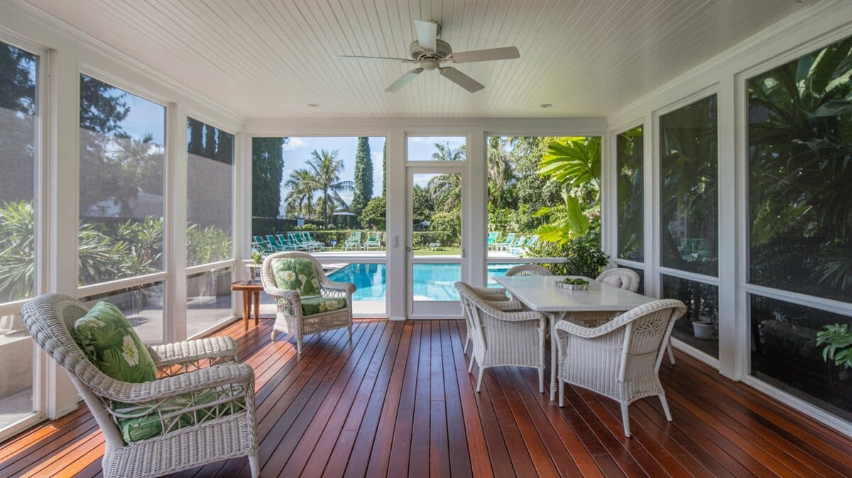Screened porch with rich mahogany decking, white wicker furniture facing a tropical pool