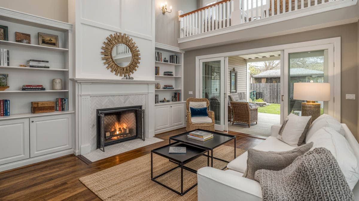 A plush white sectional paired with a rustic trunk coffee table