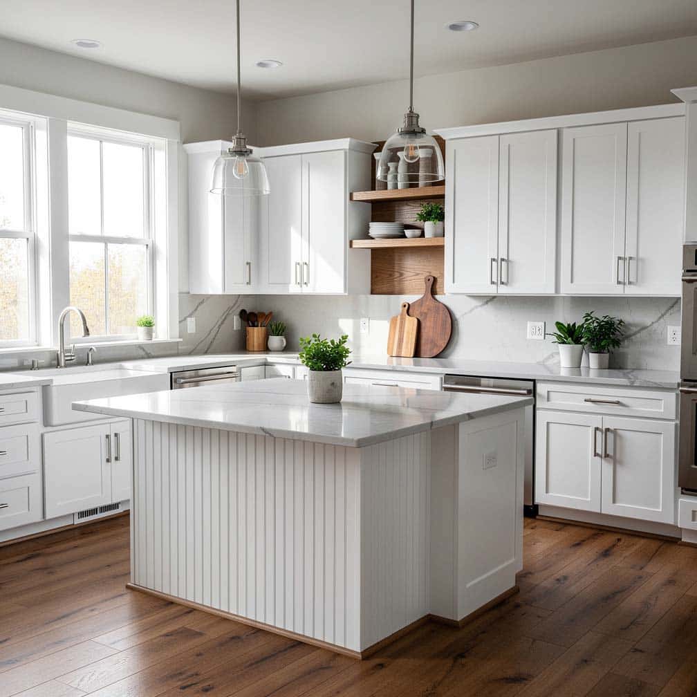 White shaker cabinets and a beadboard kitchen island with quartz countertops bring classic country