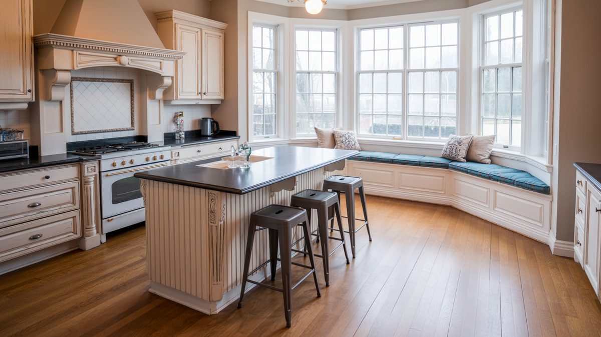 Distressed cream cabinets with ornate hood, white vintage range, and a curved bay window bench with teal cushions