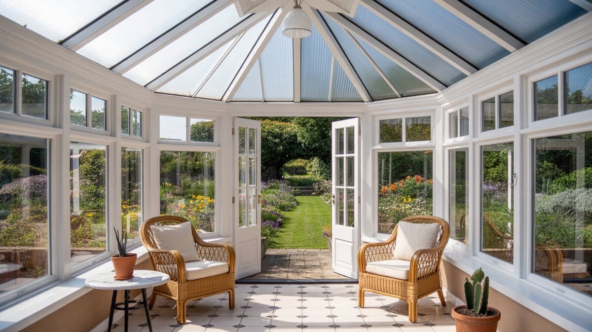 Bright white conservatory with rattan chairs opens to a colorful flower garden