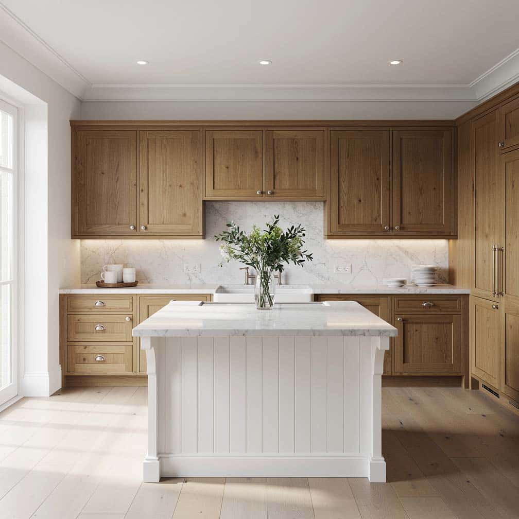 A kitchen with warm wood cabinets and Carrara marble countertops pairs beautifully with a white