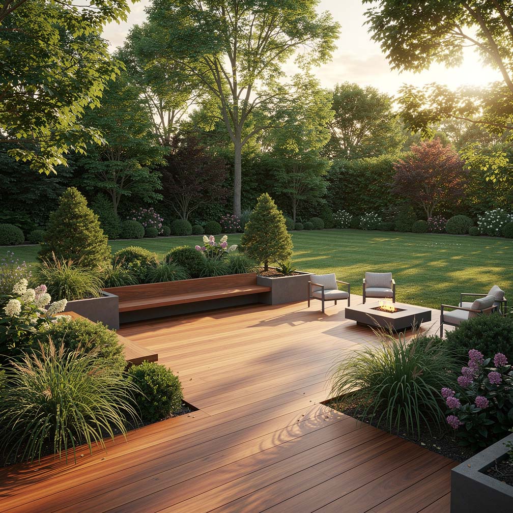 Wood Deck At Modern Home With Cushioned Wood Furniture