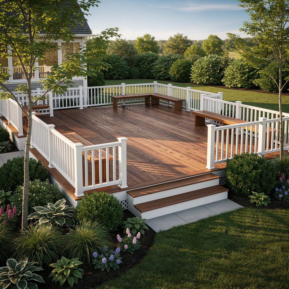 Wood Deck At Traditional Home With White Railing And Wood Benches
