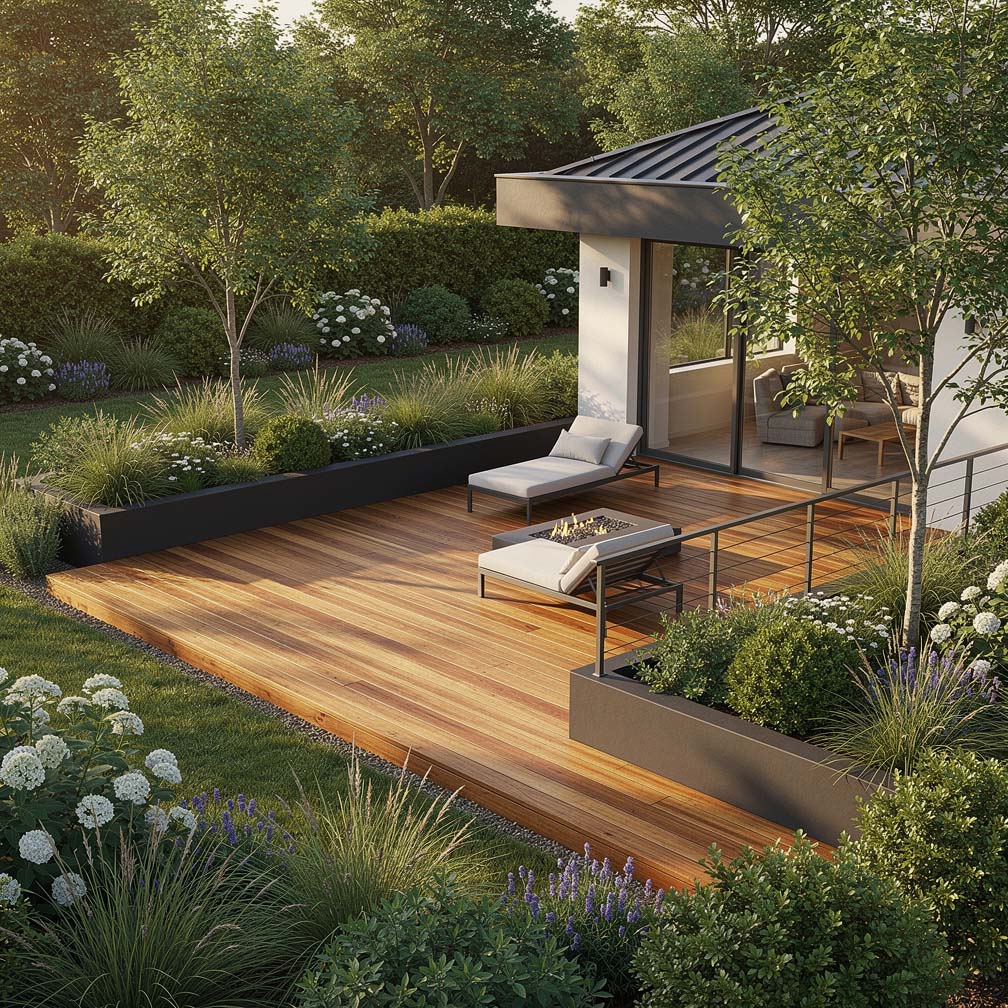 Wood Deck In Backyard Of Modern Home With Pathway