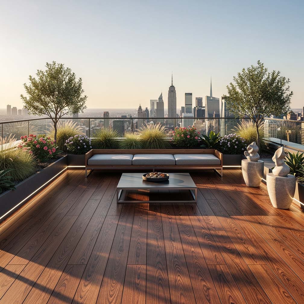 Wood Deck In Penthouse Apartment With City Views