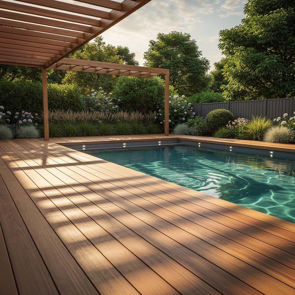Wood Deck Surrounding Swimming Pool With Pergola