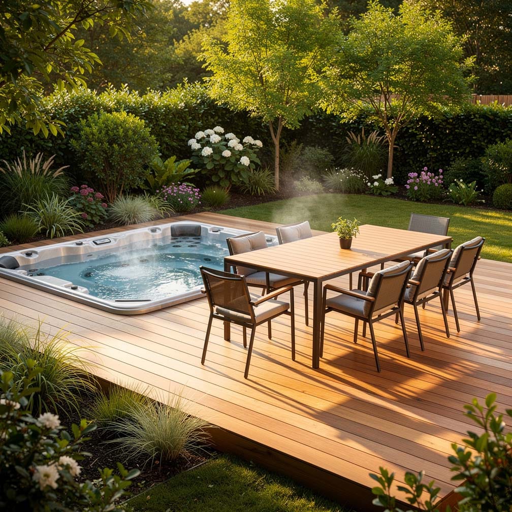 Wood Deck With Outdoor Dining Table And Hot Tub