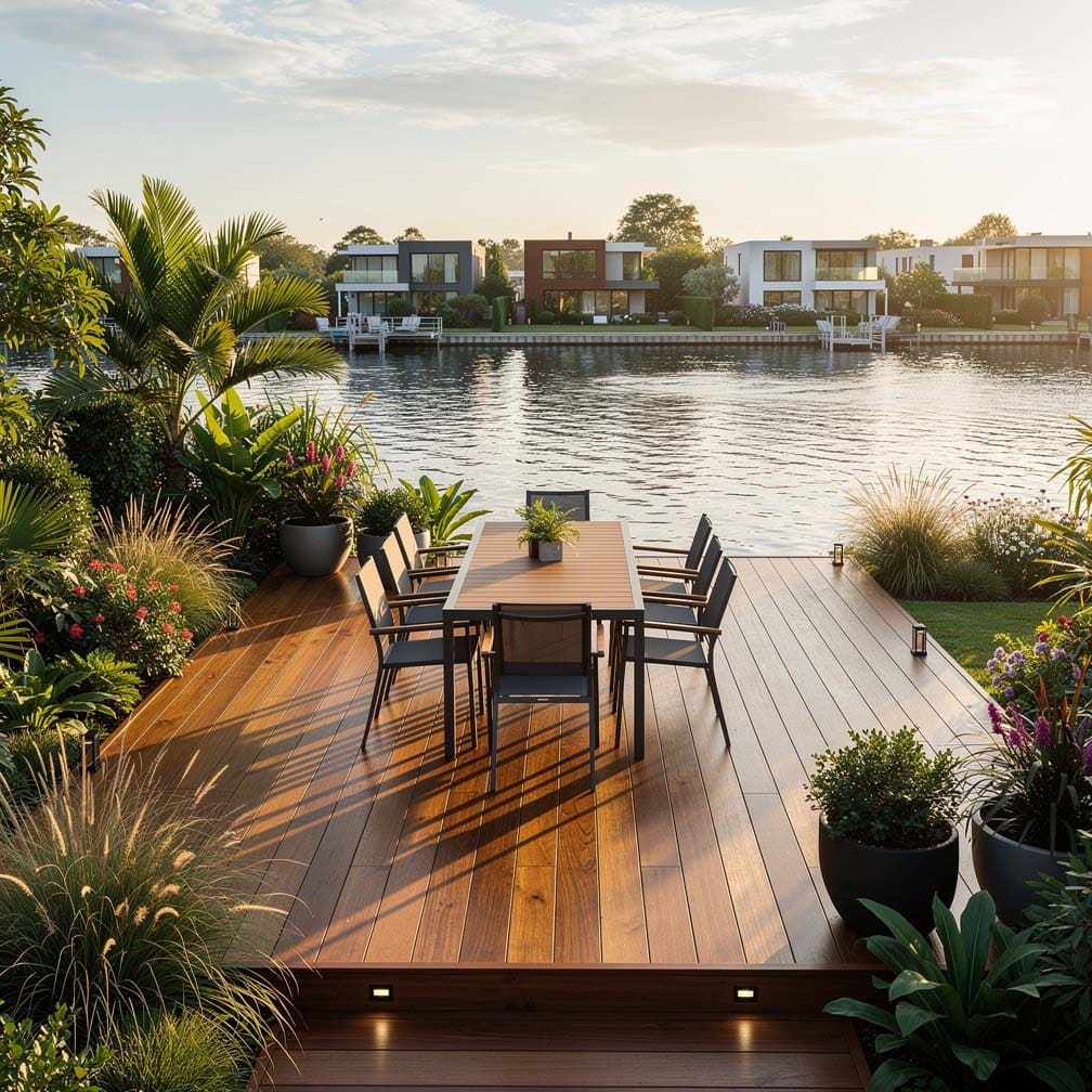 Wood Deck With Outdoor Dining Table Overlooking Canal