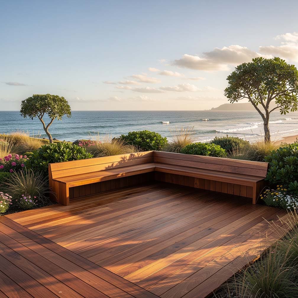Wood Deck With Sitting Benches Leading To Ocean