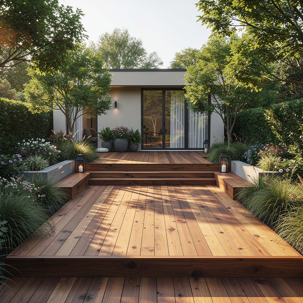 Wood Deck With Stairs Leading Up To Small Cottage