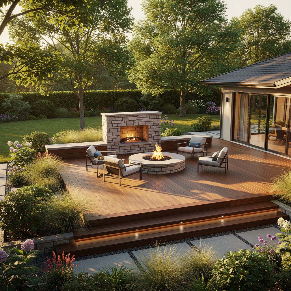 Wood Deck With Stone Fireplace And Picnic Table