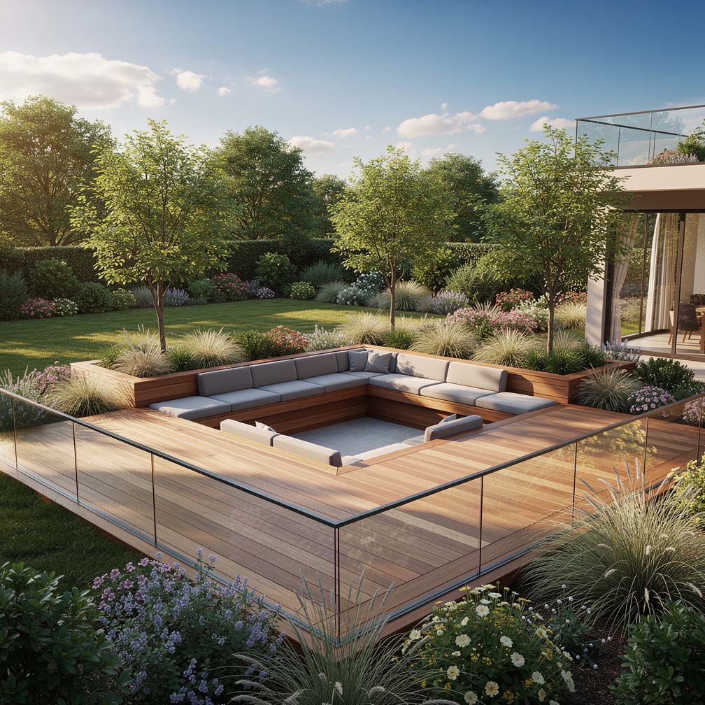 Wood Deck With Sunken Sitting Area In Backyard Of House