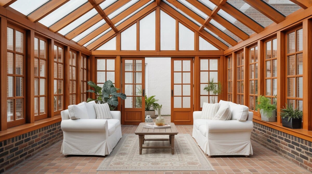 Warm wood-framed gable sunroom with white slipcovered sofas on a terracotta tile floor
