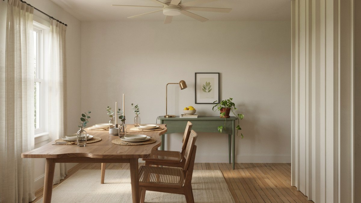 Dining room with light bamboo floors, oak table, cane chairs and sage console