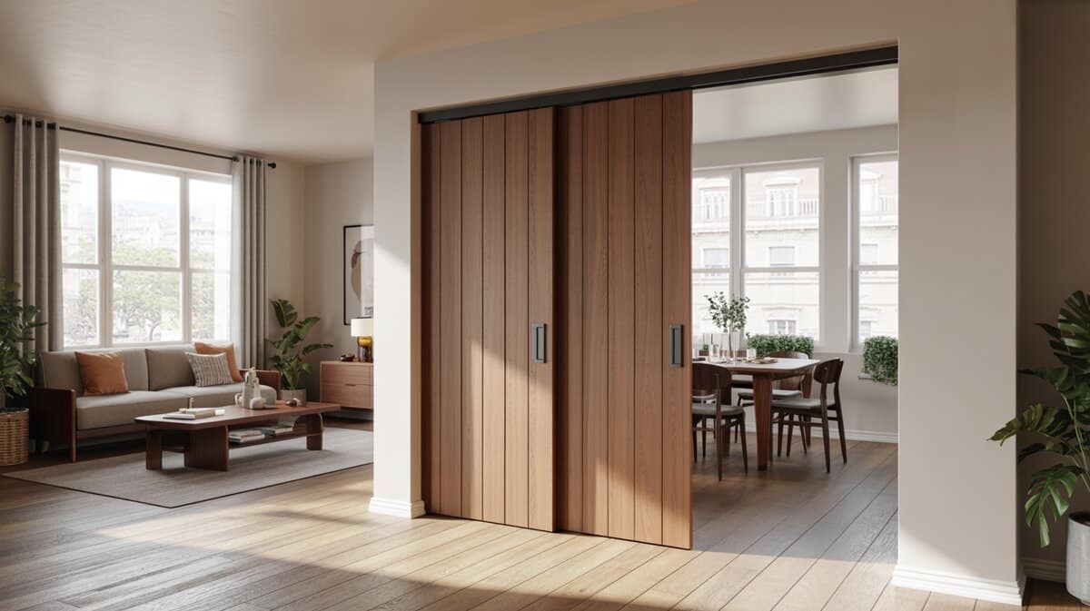 Wood paneled sliding doors dividing a bright living room from the dining area