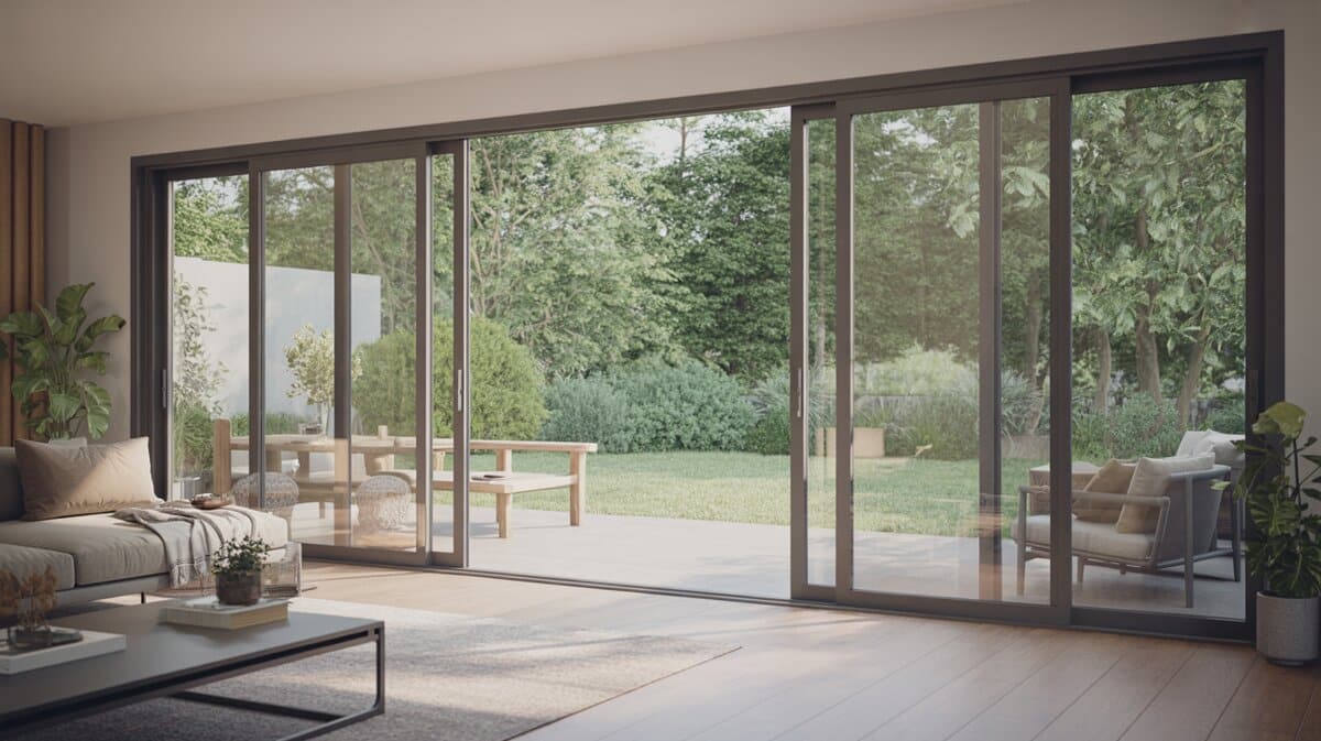 Wide sliding glass patio doors opening to a green garden from the living room