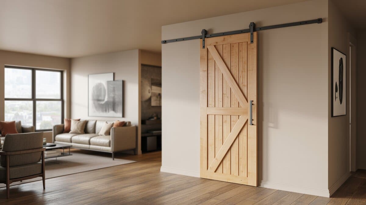 Light wood sliding barn door on a black track beside a living room sofa
