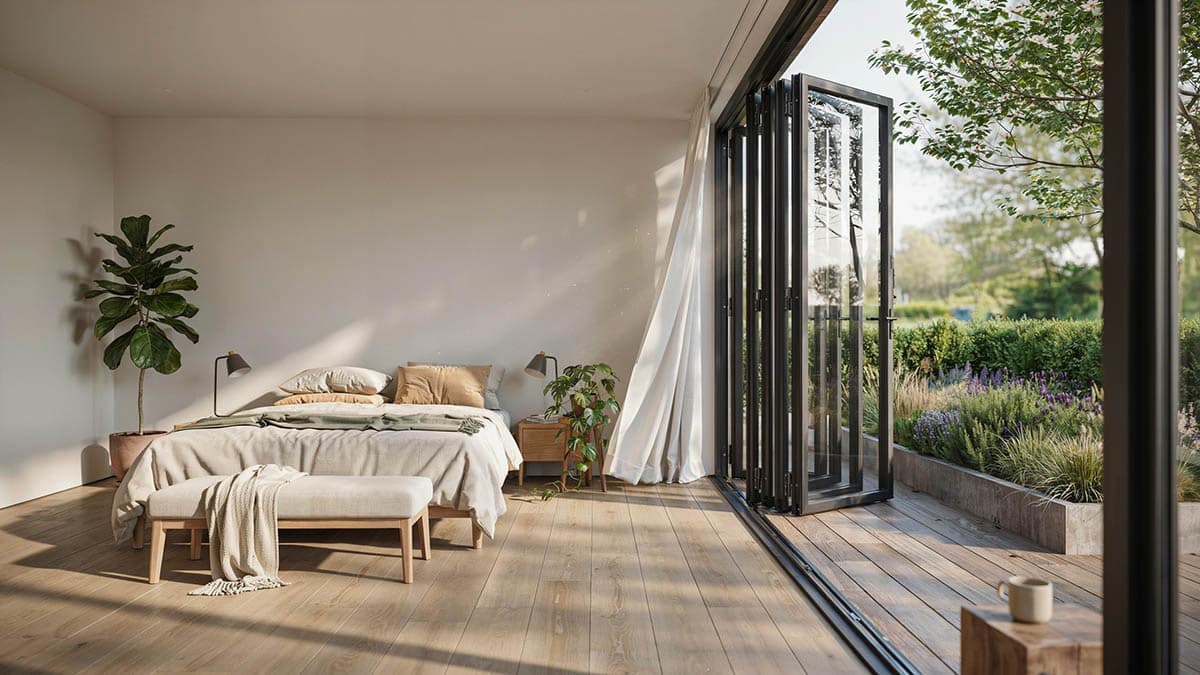Bedroom with folding glass doors opened wide to a sunlit garden terrace