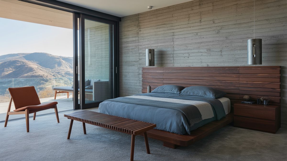 Concrete board-formed accent wall behind slatted wood platform bed with mountain view and rust leather chair