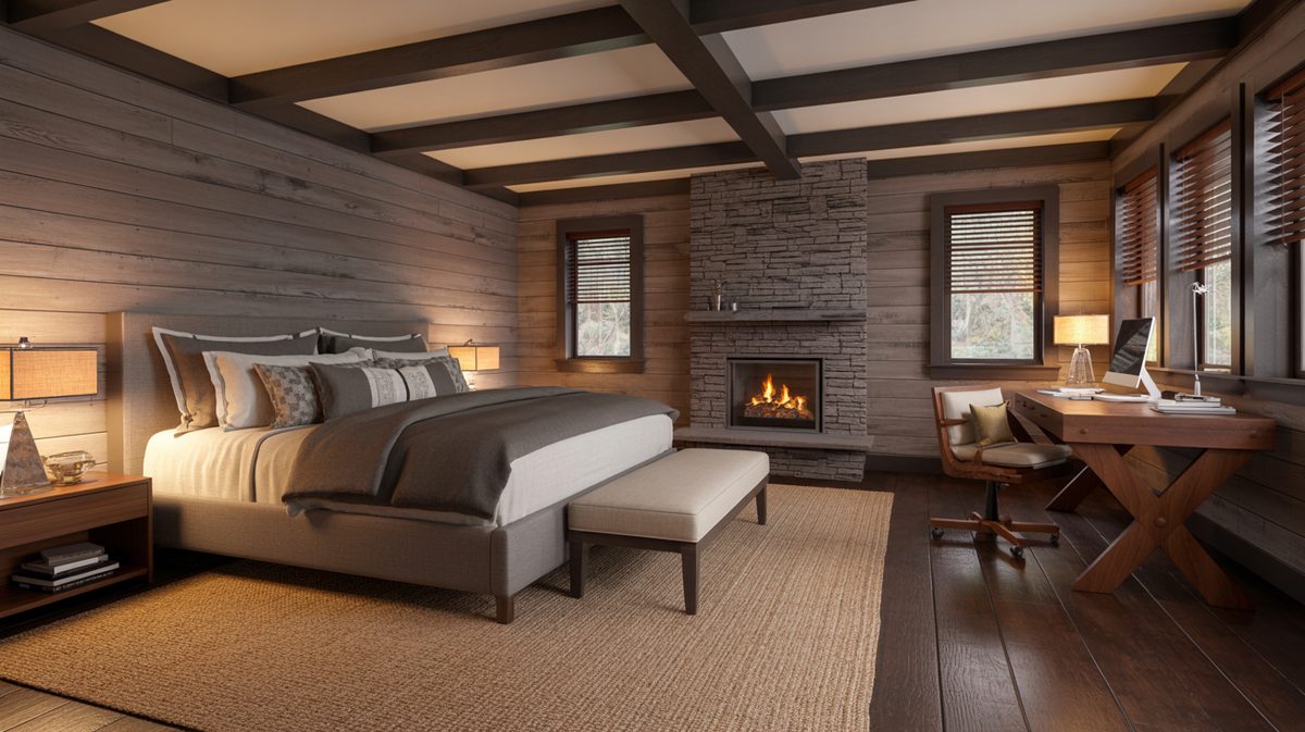 Wood plank cabin bedroom with center stone fireplace, dark ceiling beams, gray bedding, and a trestle desk