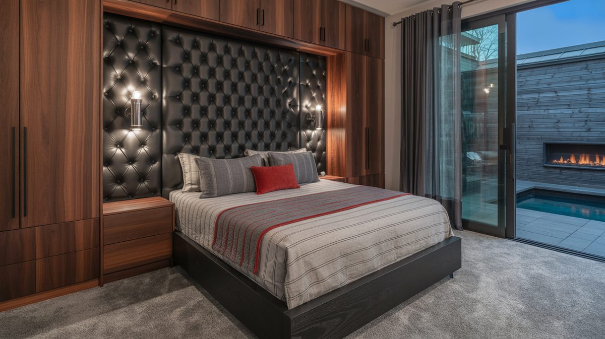 Black tufted leather headboard wall with walnut built-ins, red accent pillow, and a glass door to a poolside fireplace