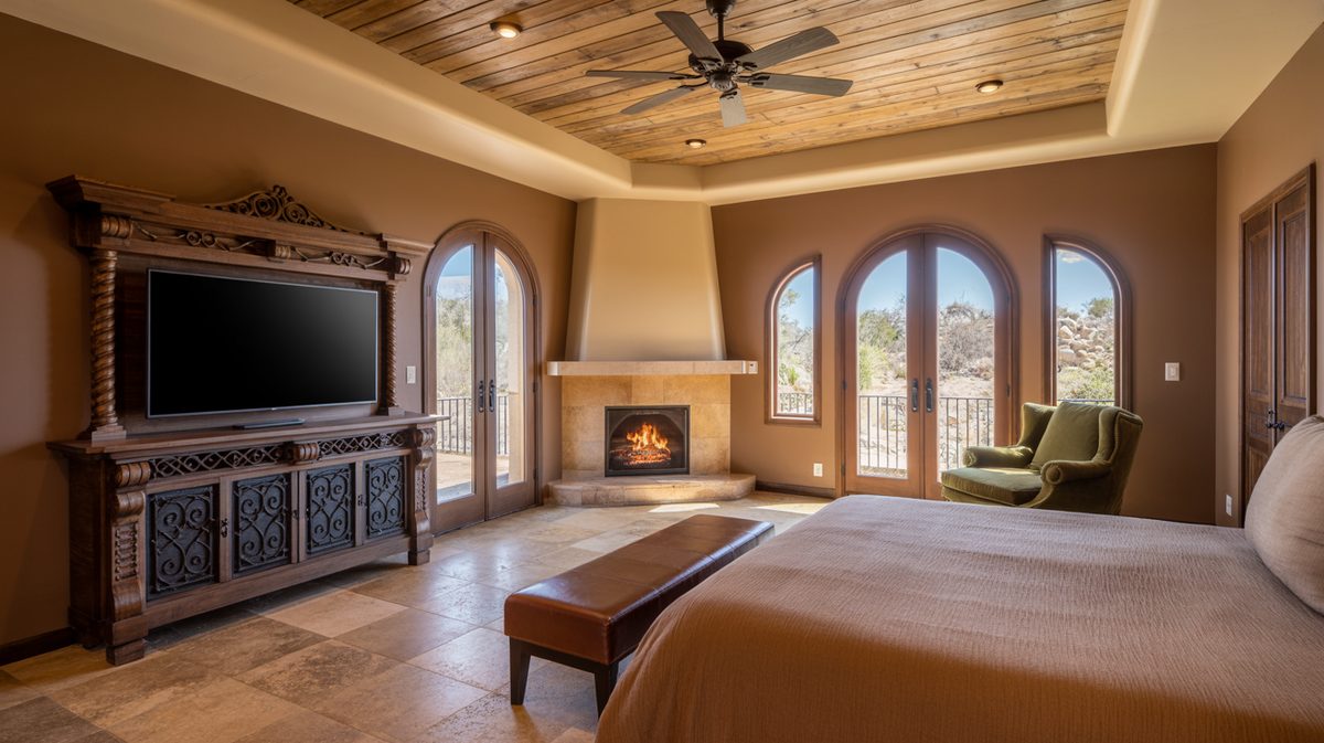 Southwestern bedroom with carved wood TV console, angled stone fireplace, arched doors, and a planked wood ceiling