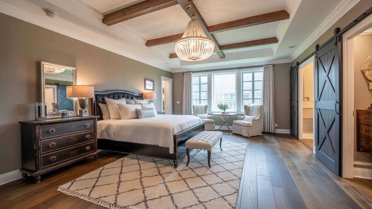 Gray transitional bedroom with coffered wood beam ceiling, beaded chandelier, blue barn door, and distressed dresser