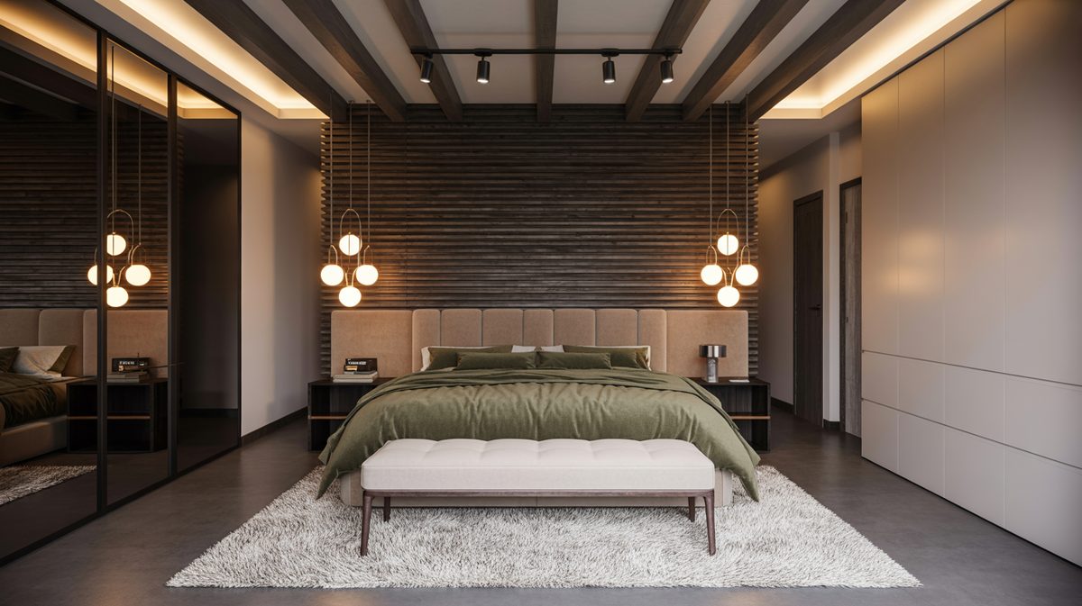 Dark slatted wood accent wall with globe pendant clusters, olive green bedding, and LED cove lighting overhead