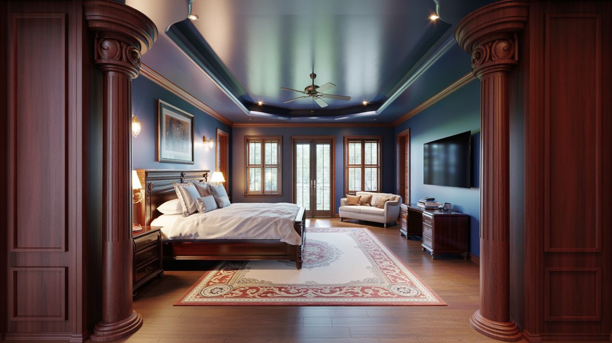Formal bedroom framed by carved mahogany columns with deep teal tray ceiling and a dark sleigh bed frame