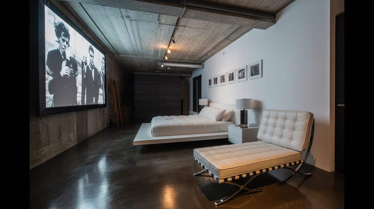 Industrial loft bedroom with concrete ceiling, projection screen, white floating bed, and Barcelona chair